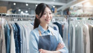 アパレルショップで腕を組んで笑顔を見せる女性スタッフ