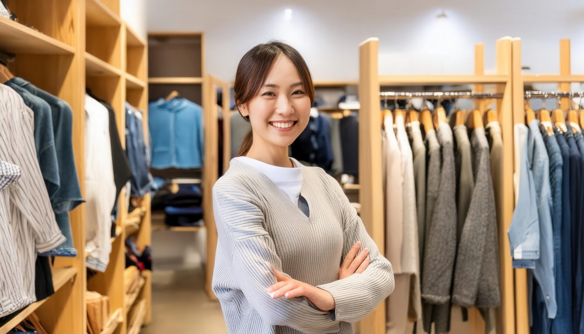 洋服店で腕を組む女性