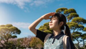 春の空の下で遠くを見つめる女性