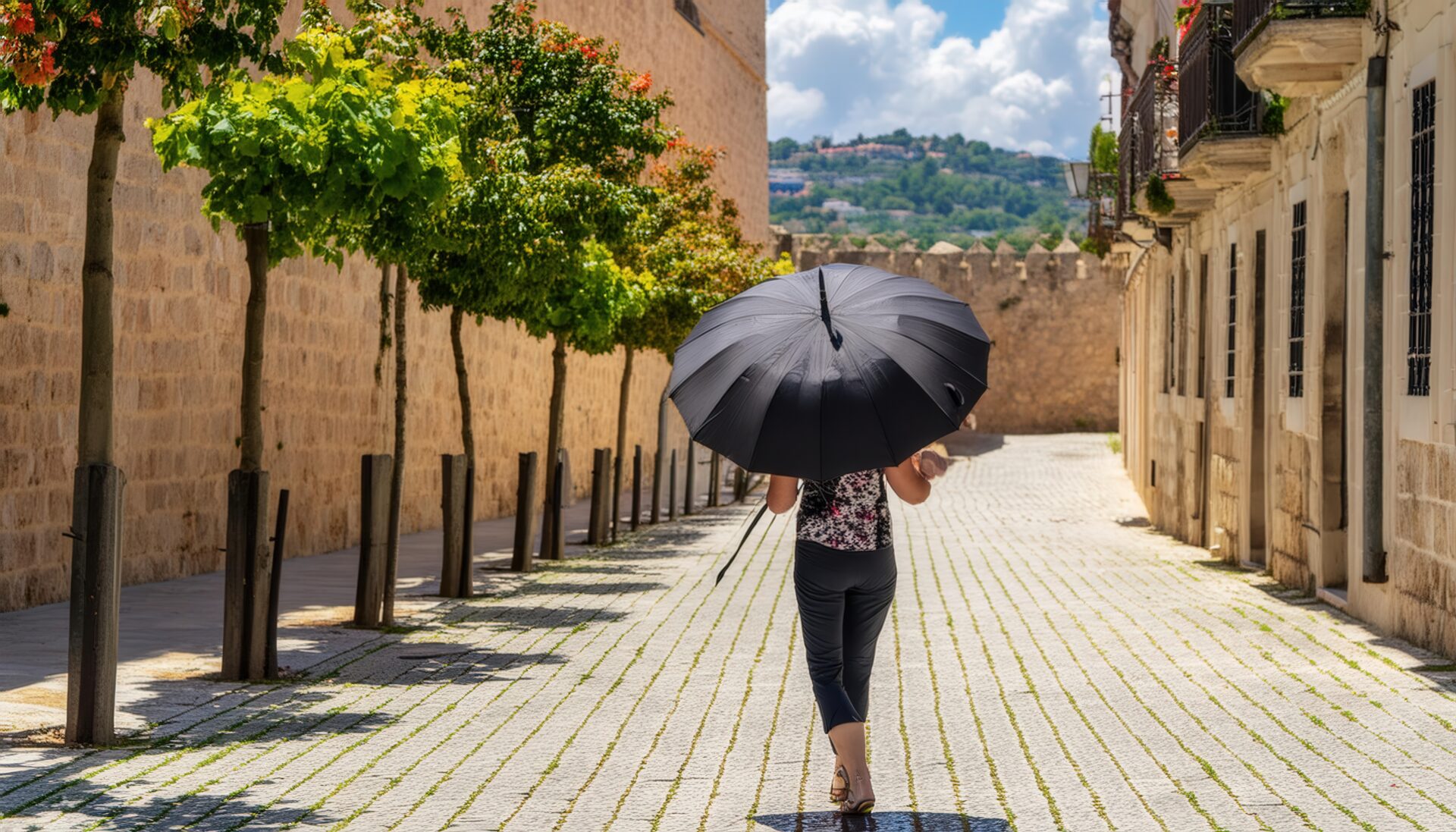 石畳の通りを日傘で歩く女性