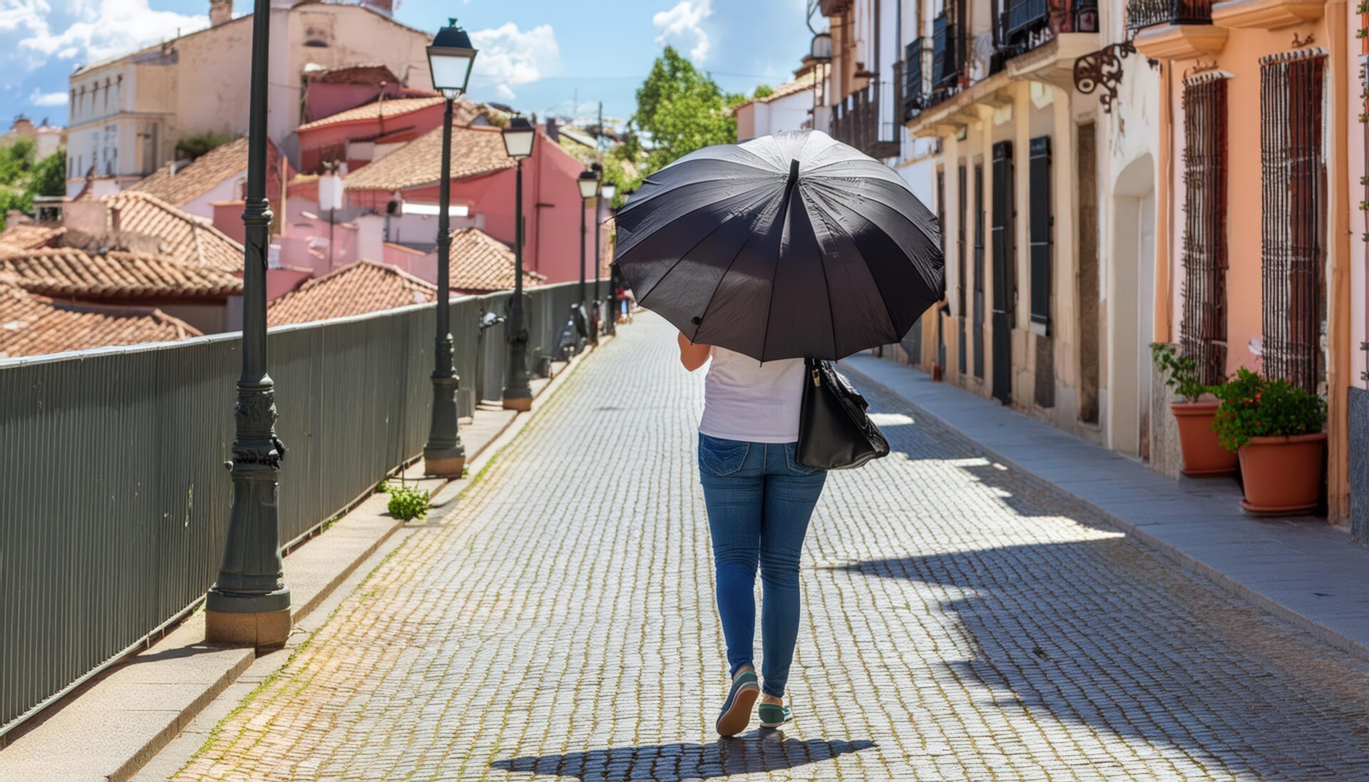 ヨーロッパの街路を日傘で歩く女性