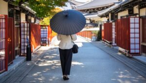 和風建築の街道を日傘で歩く女性