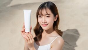 日焼け止めを持つ砂浜の女性