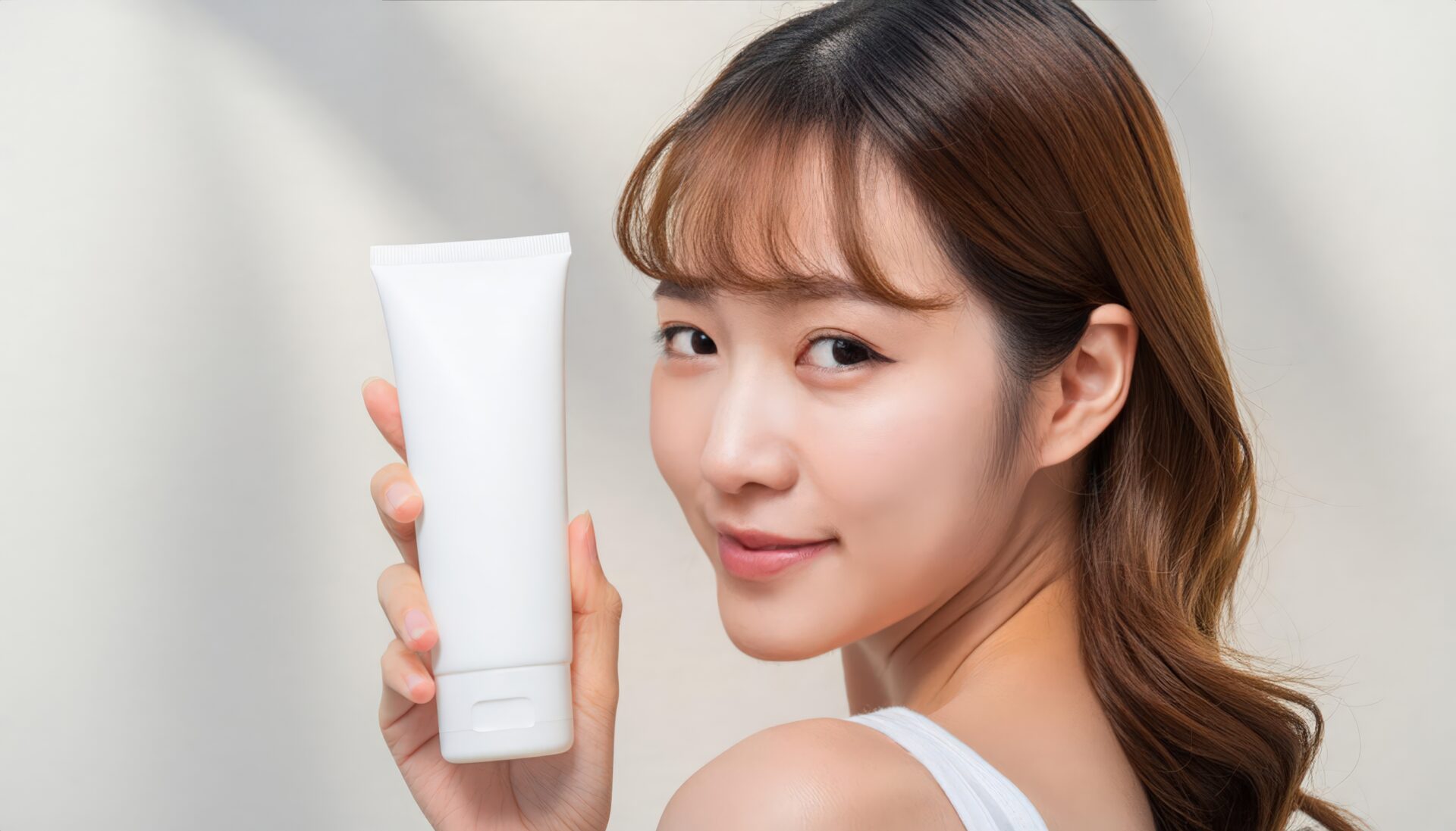 日焼け止めを手に微笑む女性