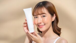 日差しの下でスキンケア製品を持つ人物