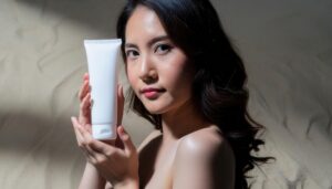 光の陰影の中でスキンケア商品を持つ人物