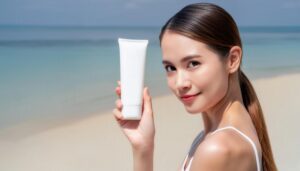 海辺でスキンケア製品を見せる人物