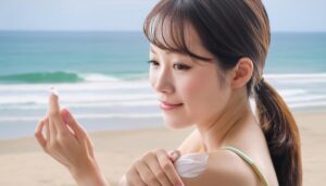 海辺で肩にクリームを塗る人物