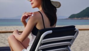 ビーチチェアで日焼け止めを塗る人物
