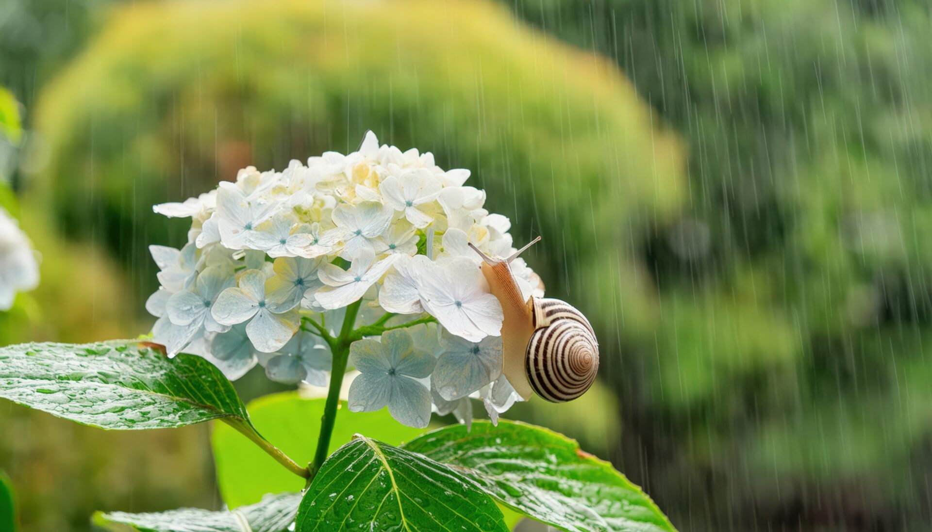 雨に濡れる紫陽花とカタツムリ