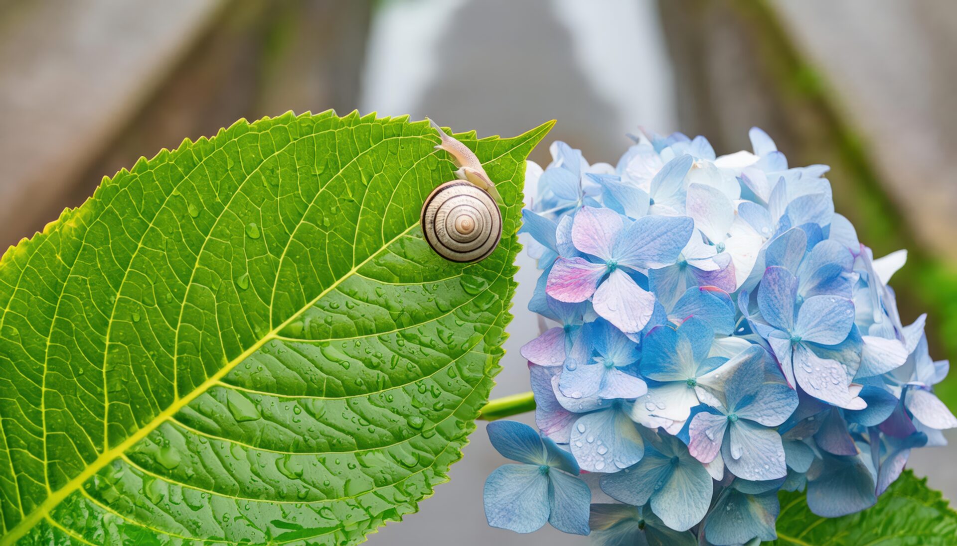 葉っぱの上のカタツムリと青い紫陽花