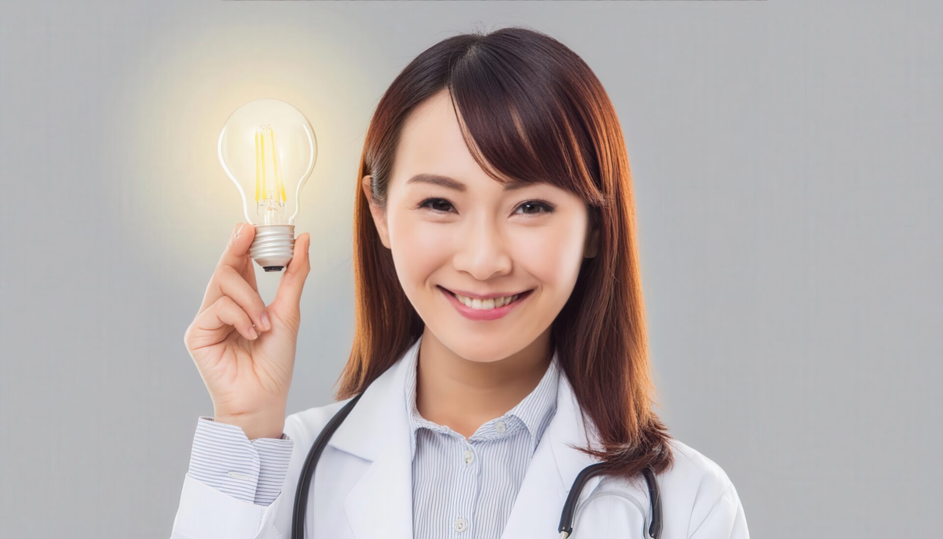 電球を掲げる女性医師の明るい笑顔