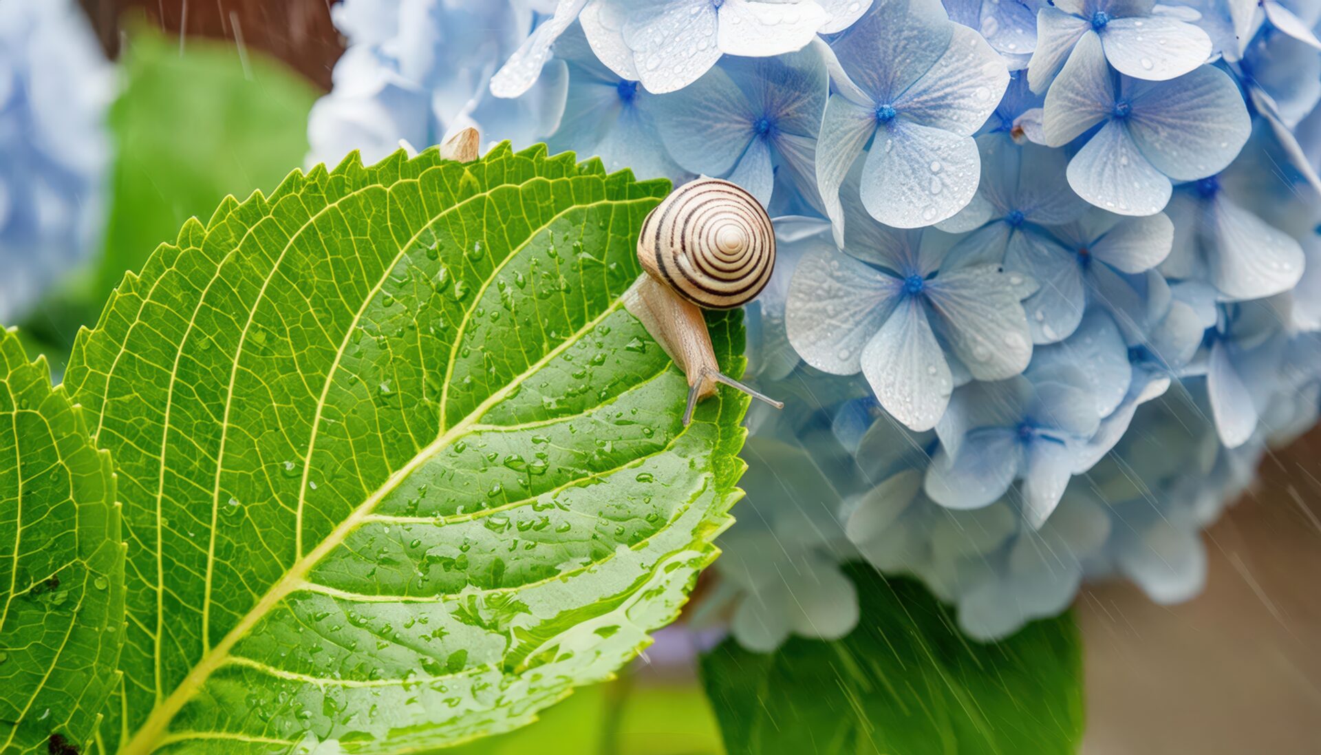 青い紫陽花とカタツムリのクローズアップ