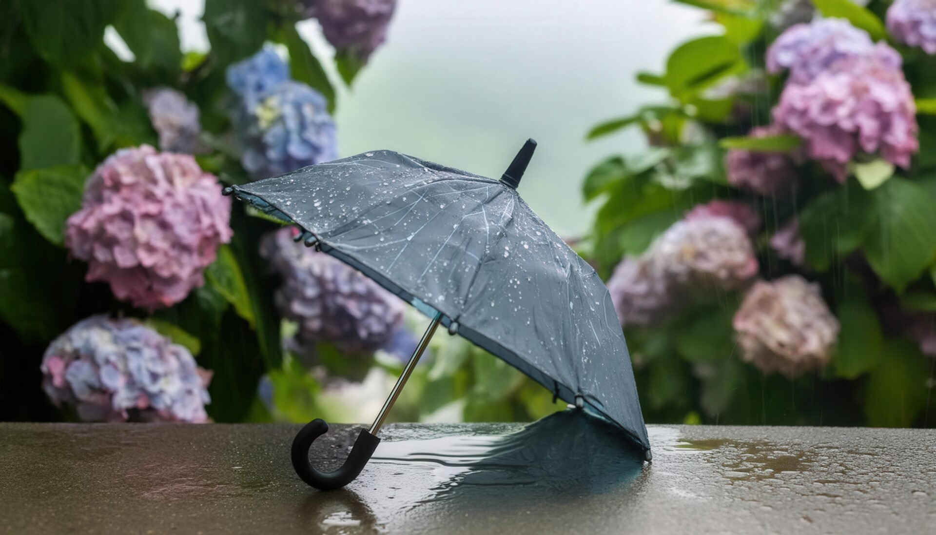 雨に濡れる黒い傘と紫陽花
