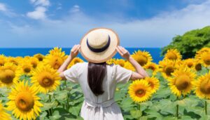海を背景にひまわり畑に立つ帽子を被った人物