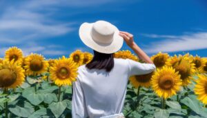 青空とひまわり畑で白い帽子を被る人物