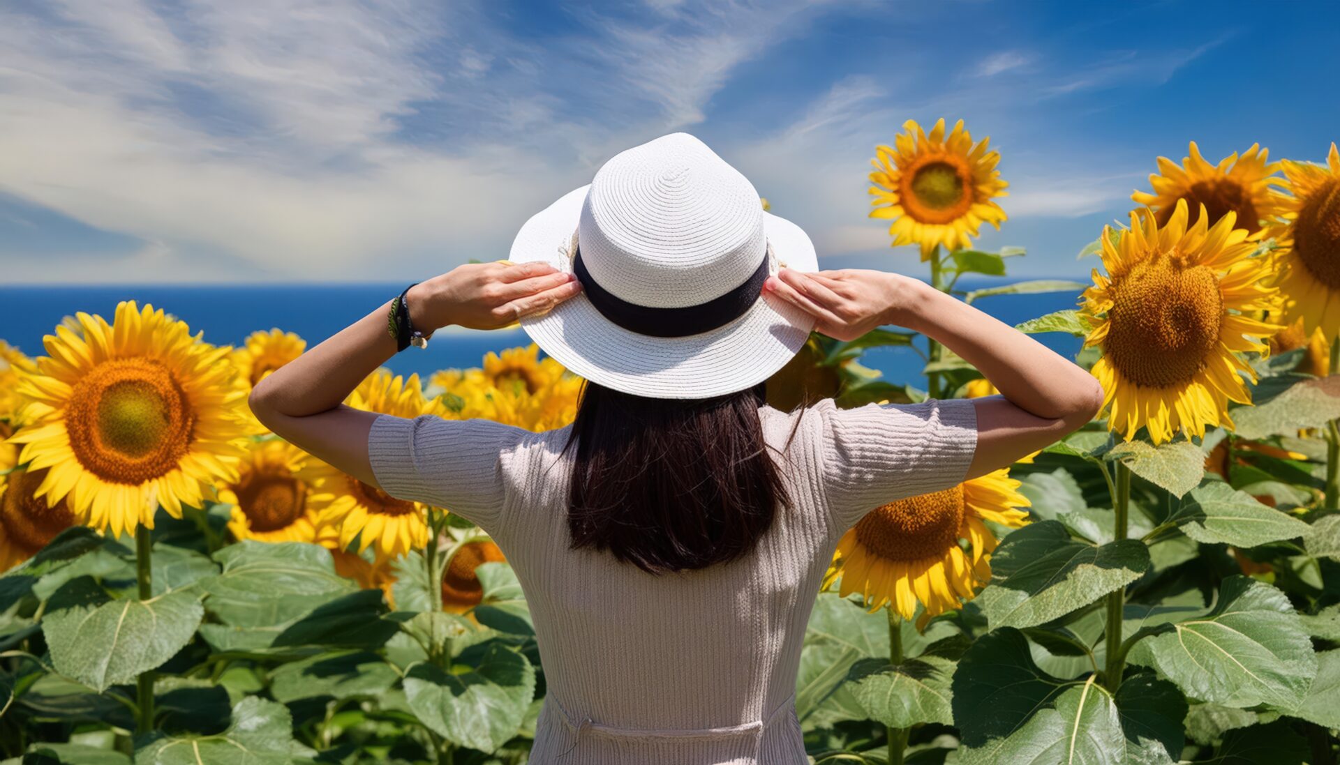 海辺のひまわり畑で白い帽子を調整する人物