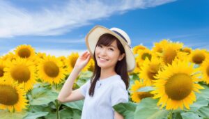 ひまわり畑で笑顔を見せる帽子を被った人物