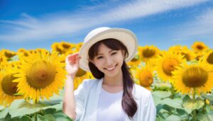 白い帽子を被る女性とひまわり畑