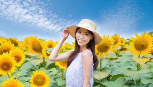 笑顔でポーズを取る女性と青空のひまわり畑