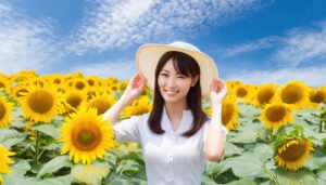 白い服と帽子でひまわり畑に立つ女性