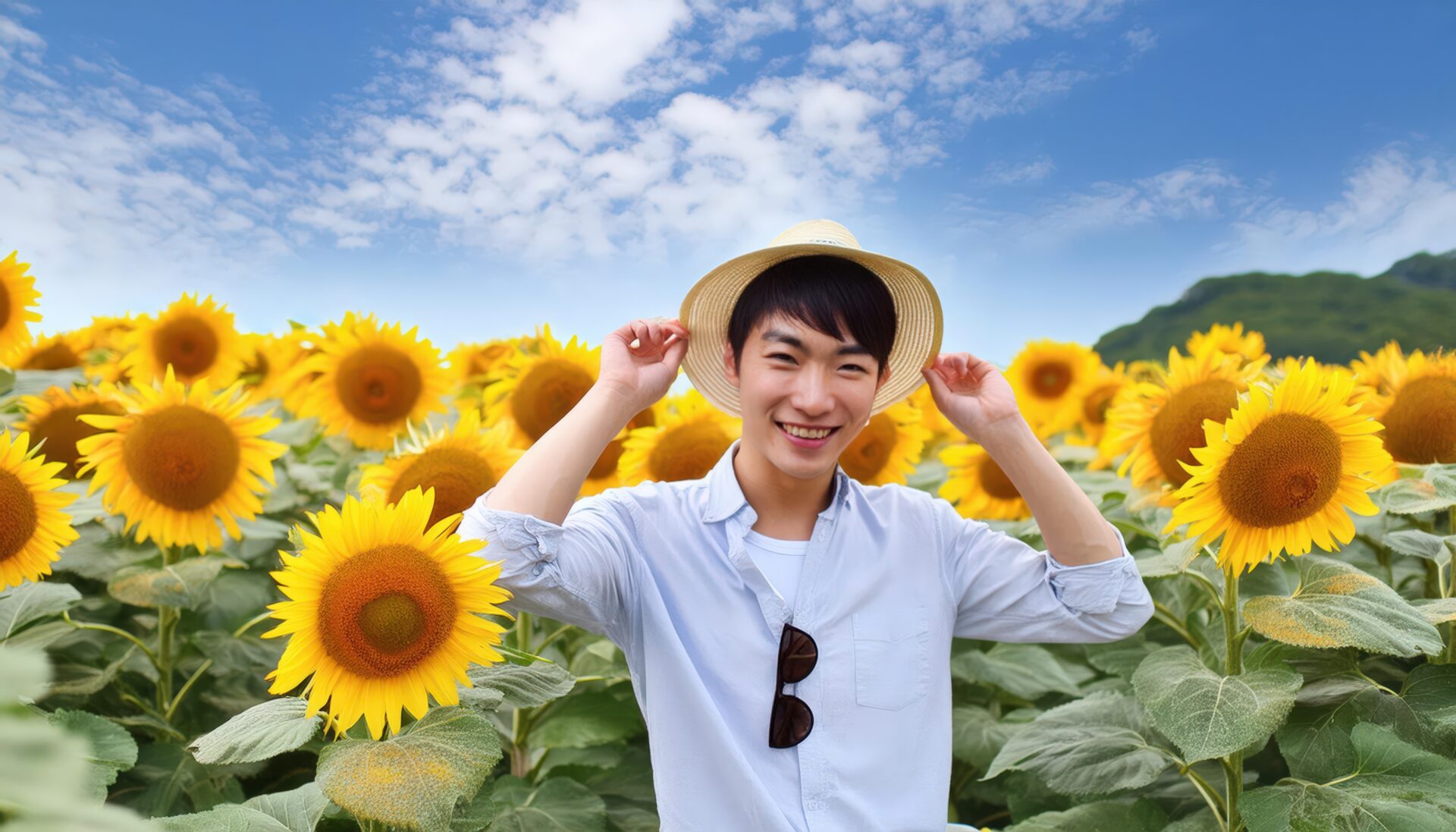 ひまわり畑で笑顔を見せる男性