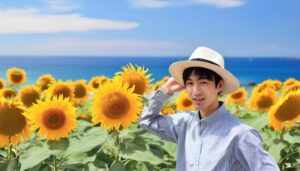 海を背景にひまわり畑でポーズを取る男性