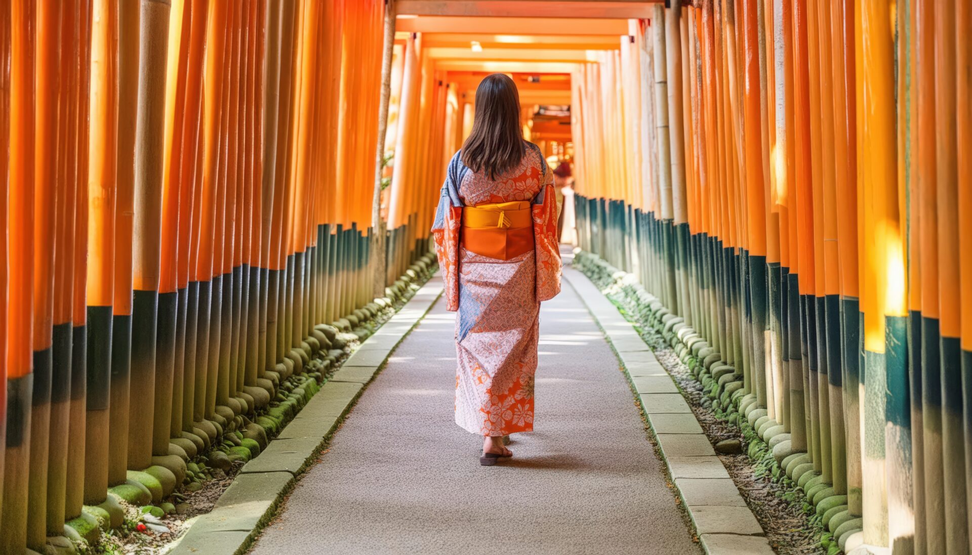 鳥居の参道を歩く着物姿の後ろ姿