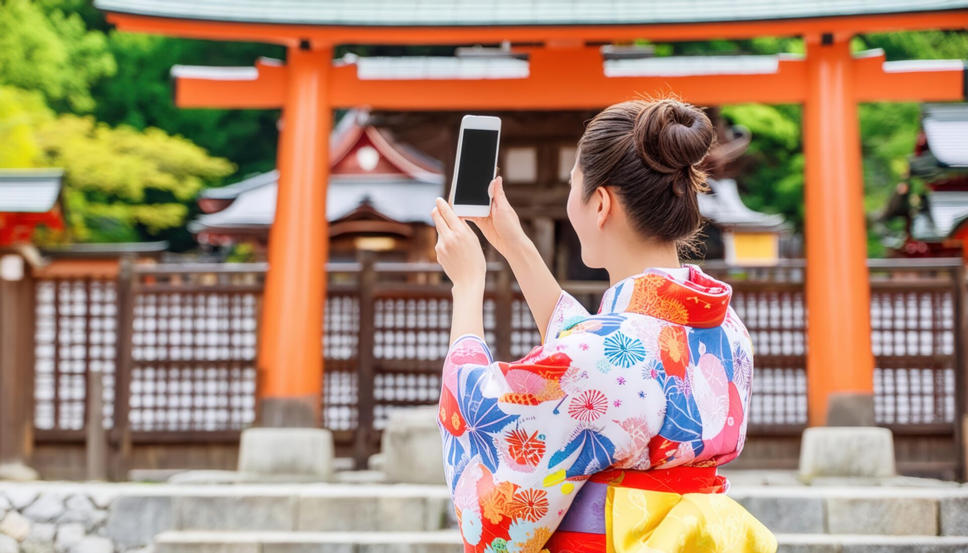 神社でスマートフォンを使う着物姿の女性