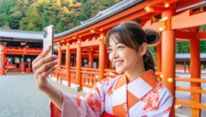 神社で自撮りをする笑顔の女性