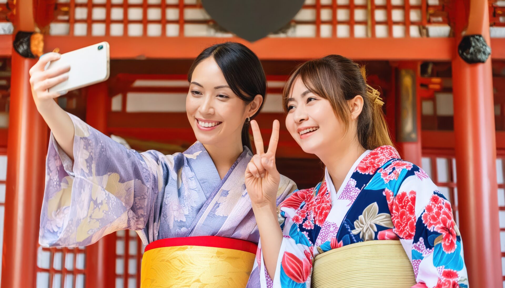 神社でピースサインをする着物姿の2人組