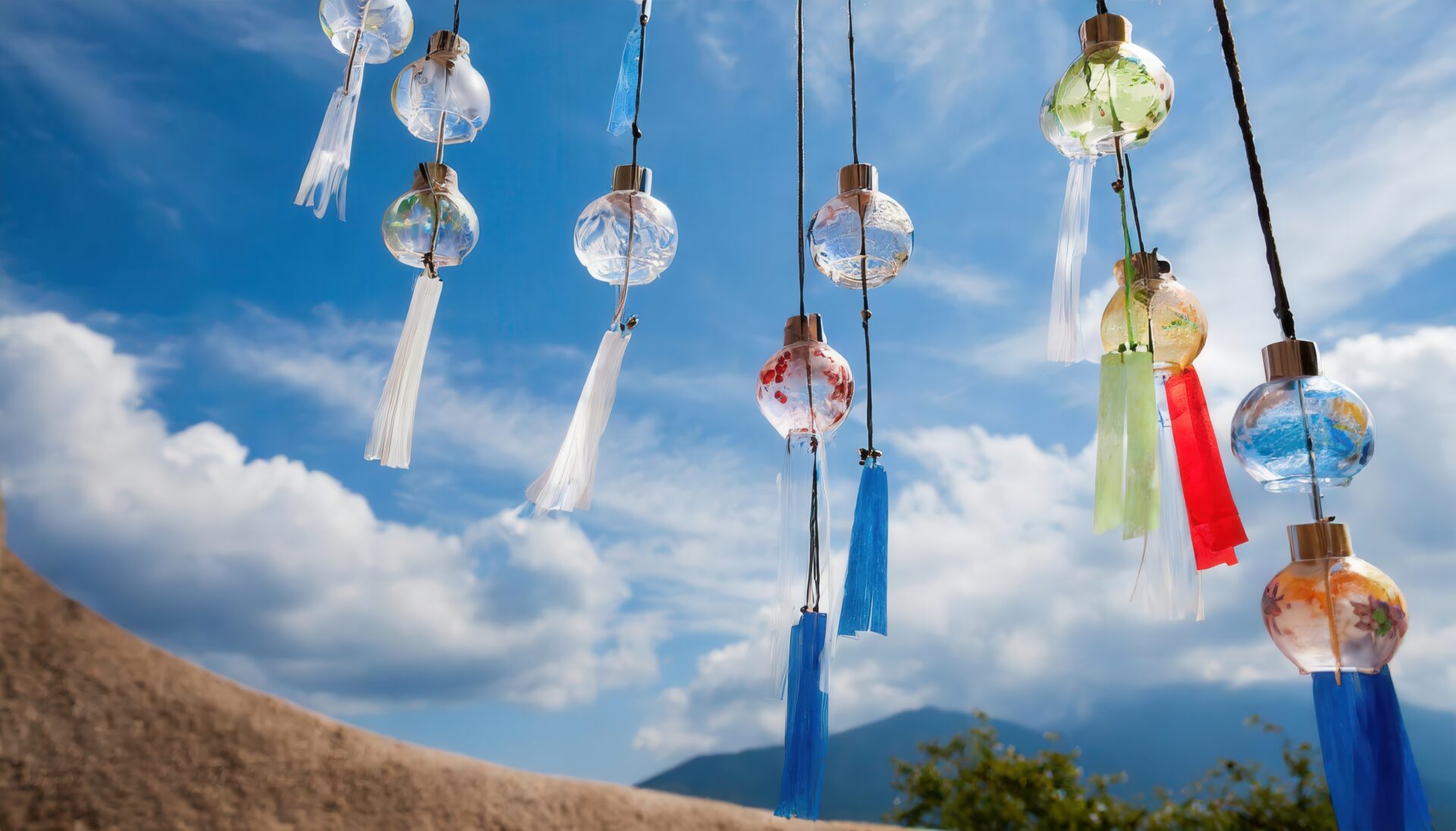 風に揺れる風鈴と青空