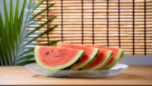 スイカの断面と夏を楽しむ室内の風景