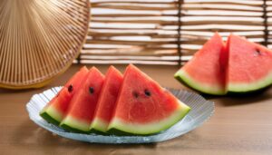 スイカと竹の背景が涼しさを感じさせる夏の風景