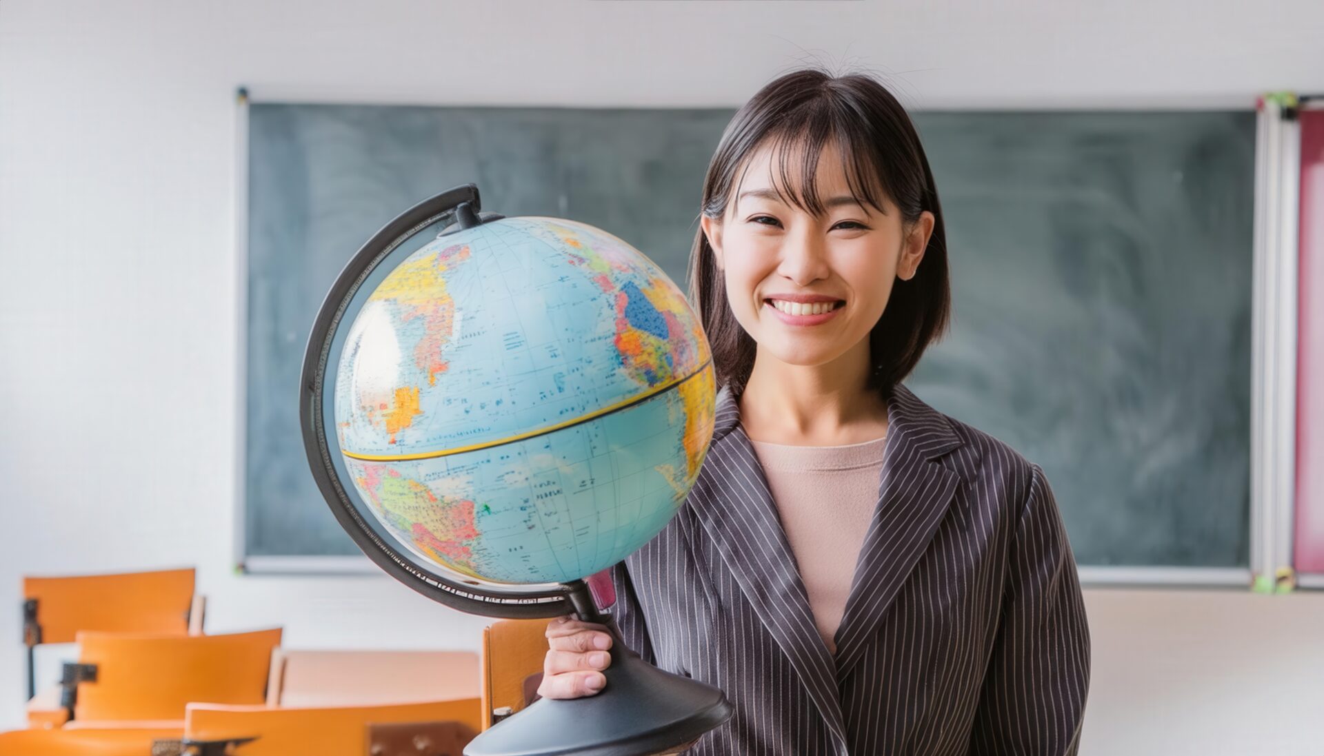 地球儀を持つ女性教師の笑顔
