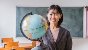 地球儀を持つ女性教師の笑顔