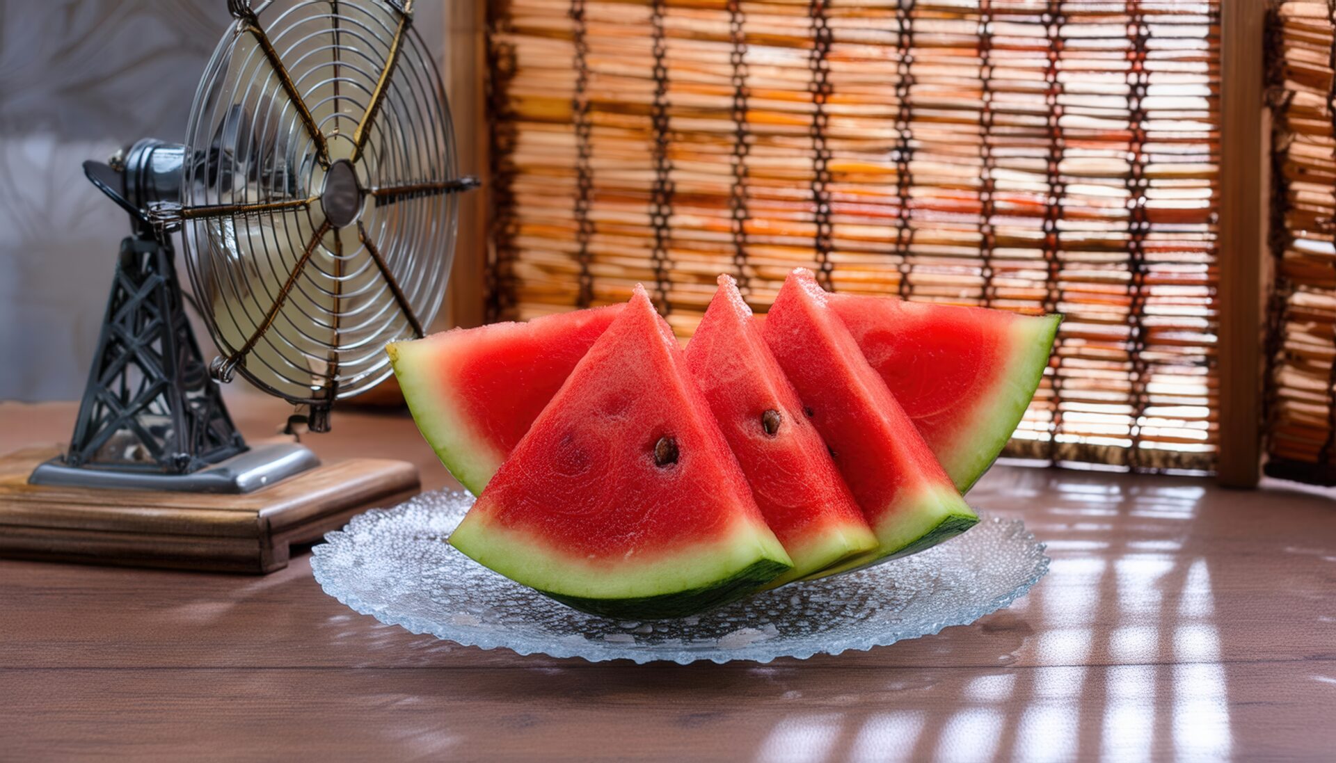 扇風機と涼しげなスイカのディスプレイ