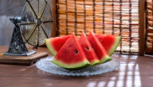 扇風機と涼しげなスイカのディスプレイ