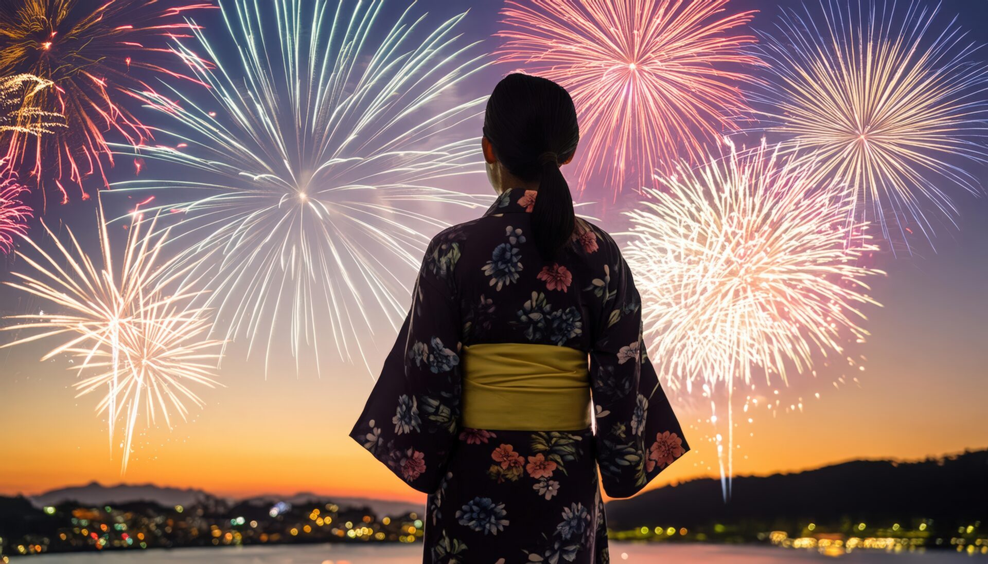 花火を眺める浴衣姿の後ろ姿