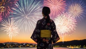 花火を眺める浴衣姿の後ろ姿