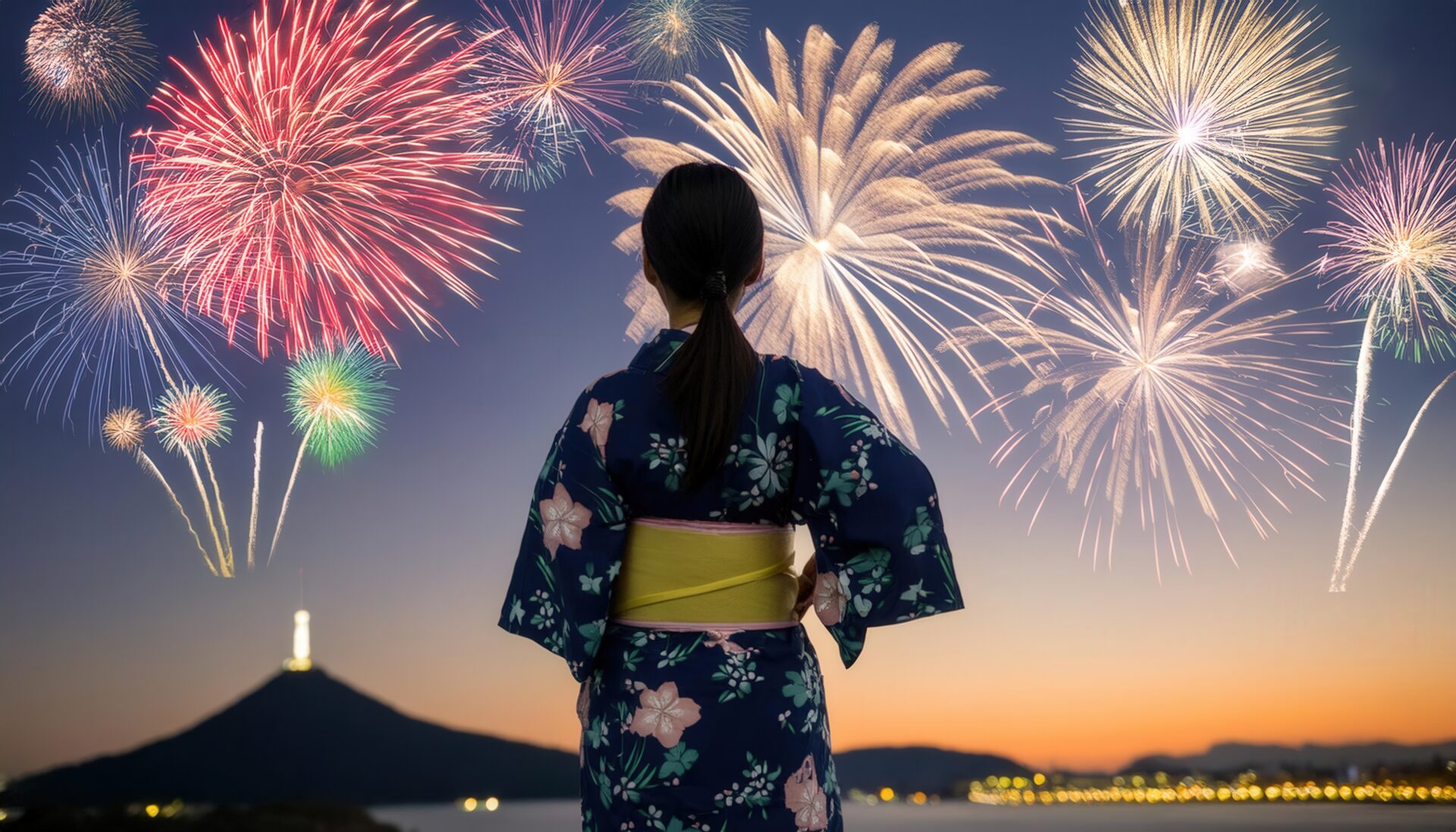 花火を眺める浴衣姿の後ろ姿と夏の風景