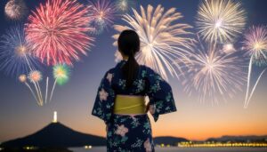 花火を眺める浴衣姿の後ろ姿と夏の風景