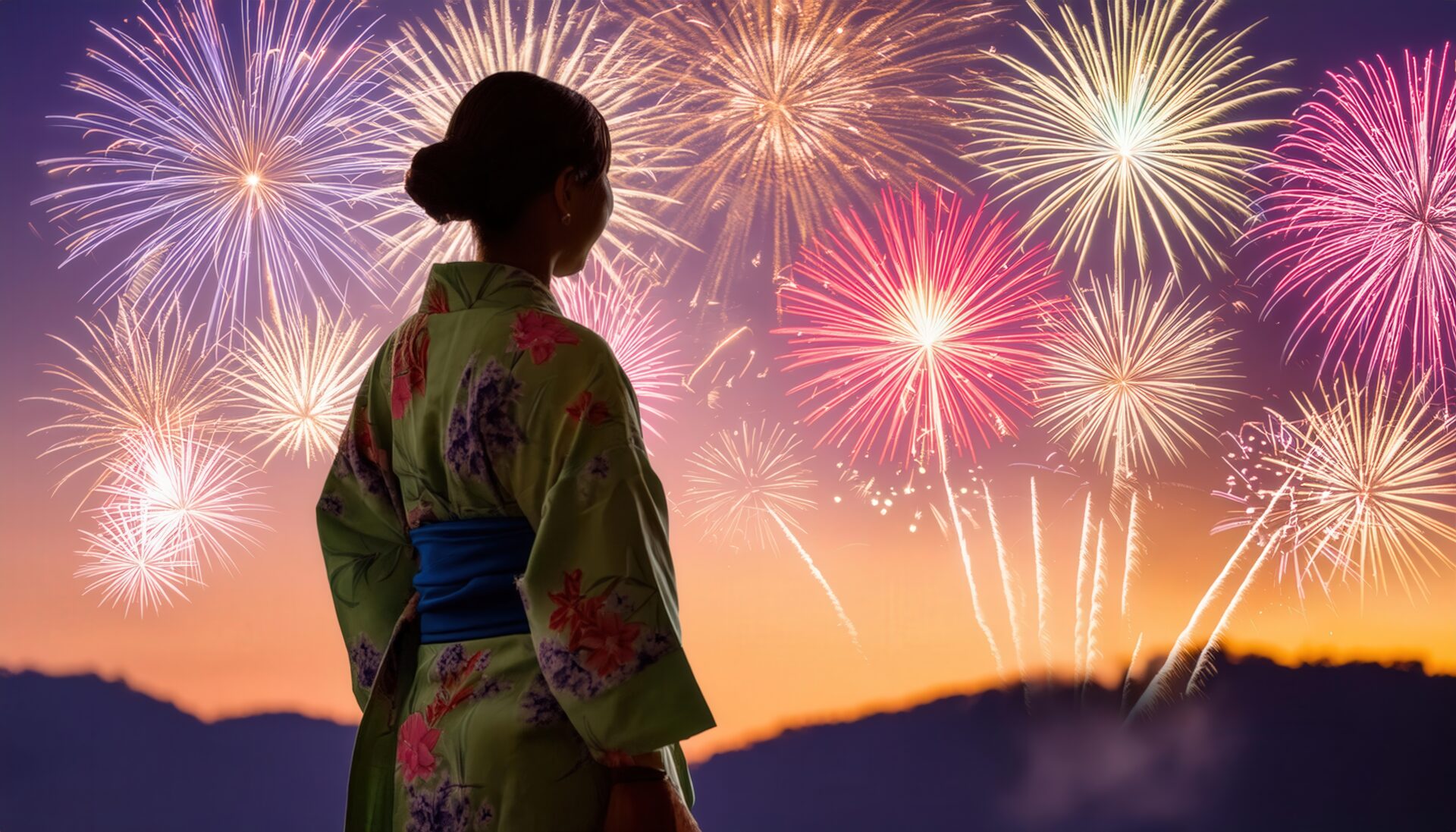 浴衣姿で花火を楽しむ女性の後ろ姿と夜の風景