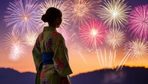 浴衣姿で花火を楽しむ女性の後ろ姿と夜の風景