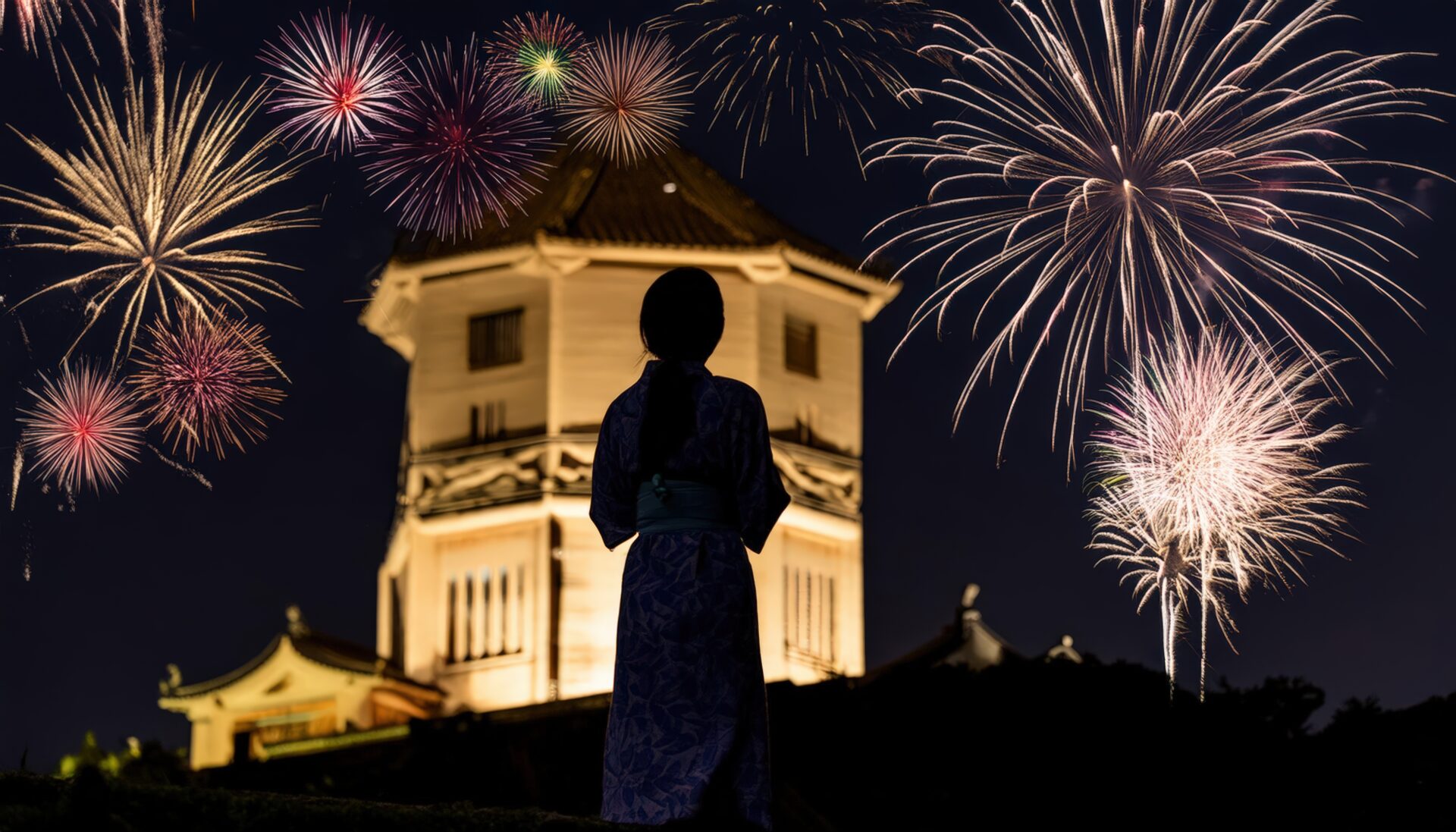 お城と花火の風景