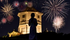 お城と花火の風景