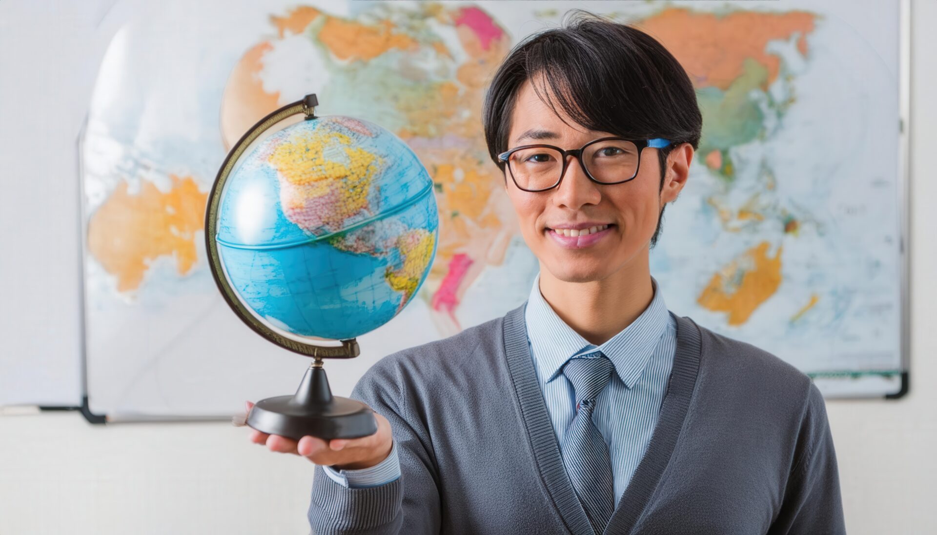 地球儀を掲げる男性教師