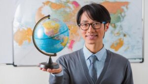 地球儀を掲げる男性教師