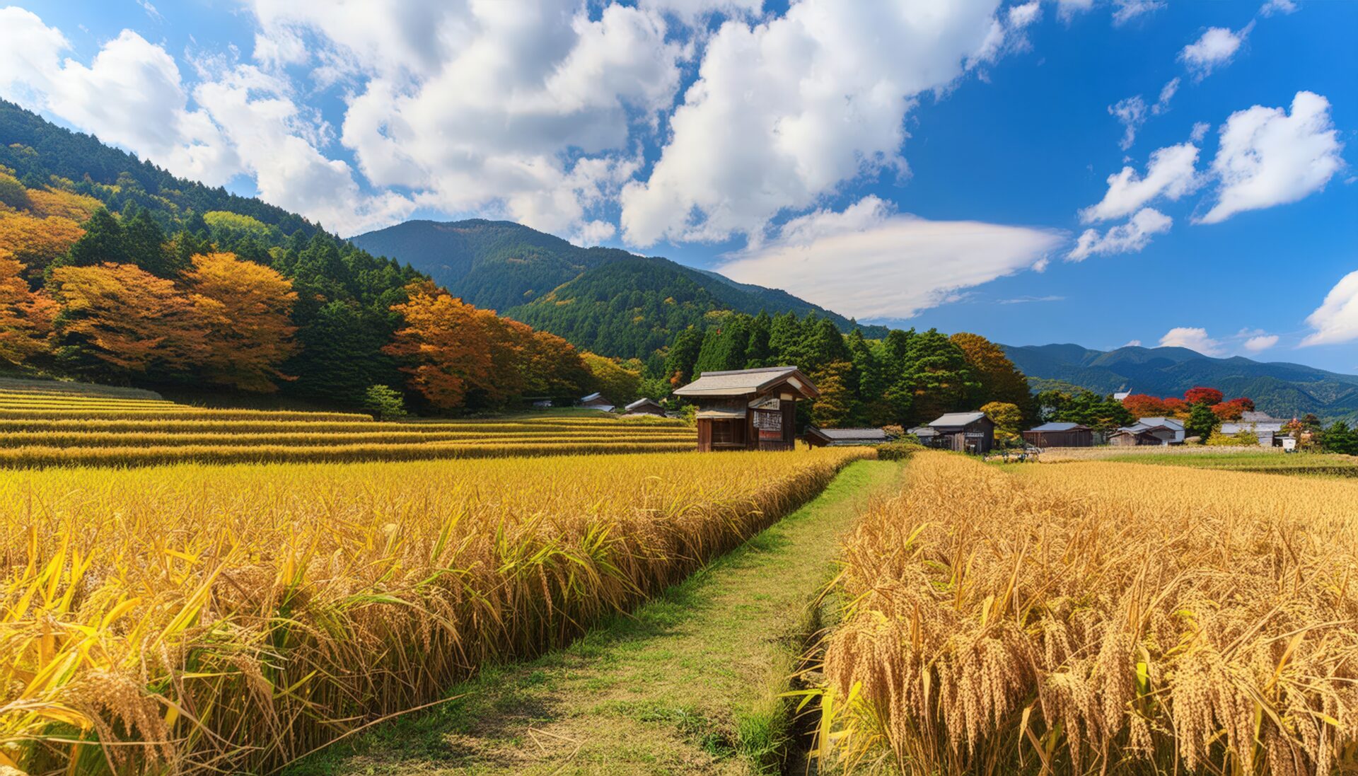 秋の田園と紅葉に囲まれた稲穂の風景
