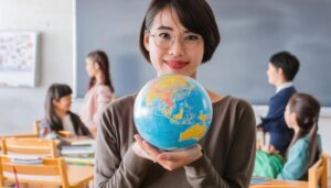 クラスで地球儀を持つ女性教師